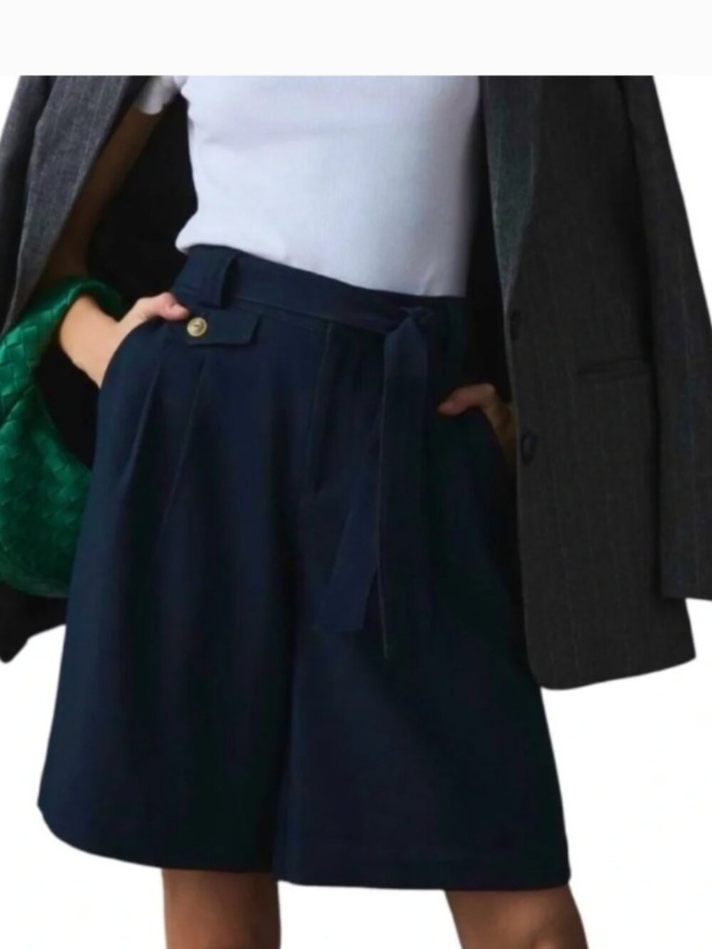 MAEVE Anthropologie Navy Blue Pleat Front Bermuda Shorts Tie Belt High Waist 8